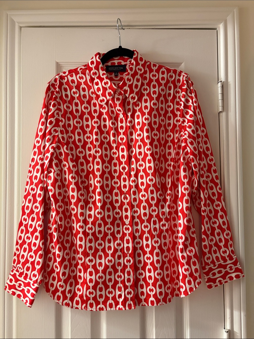 Jones New York Orange and White Chain-Print Button-Up Shirt